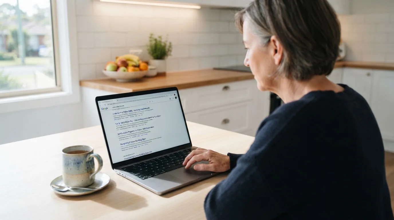 A person sits at a kitchen table, scrolling a laptop showing a general search results page about pokies safety claims.