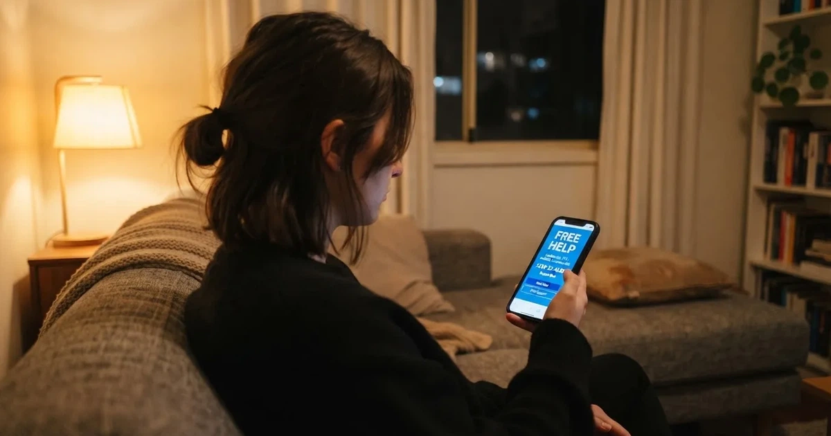 A person looks at a support-helpline page on a phone while sitting alone on a sofa.