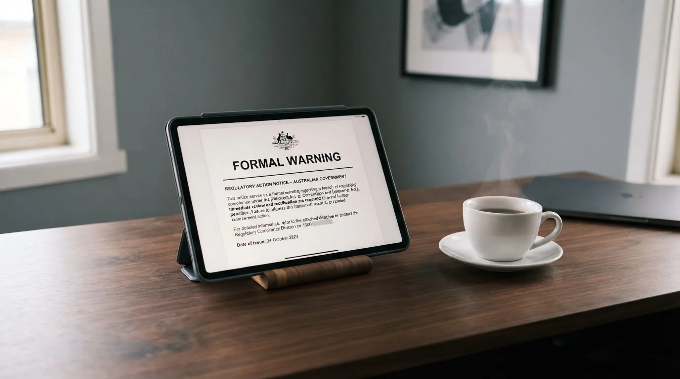 A tablet on a desk displays a plain government-style warning notice page, with a coffee cup beside it.
