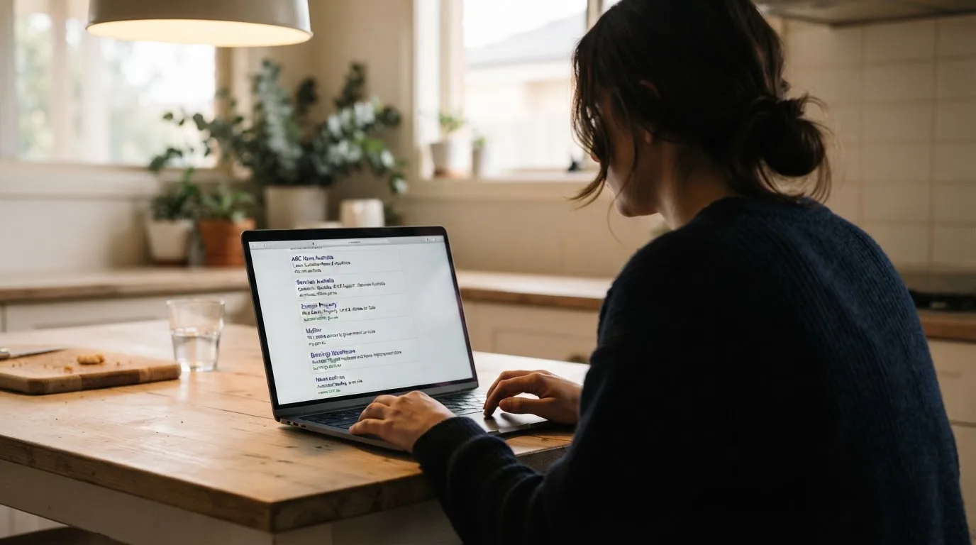 A person sits at a kitchen table, scrolling a laptop showing a general search results page about payout speed claims.