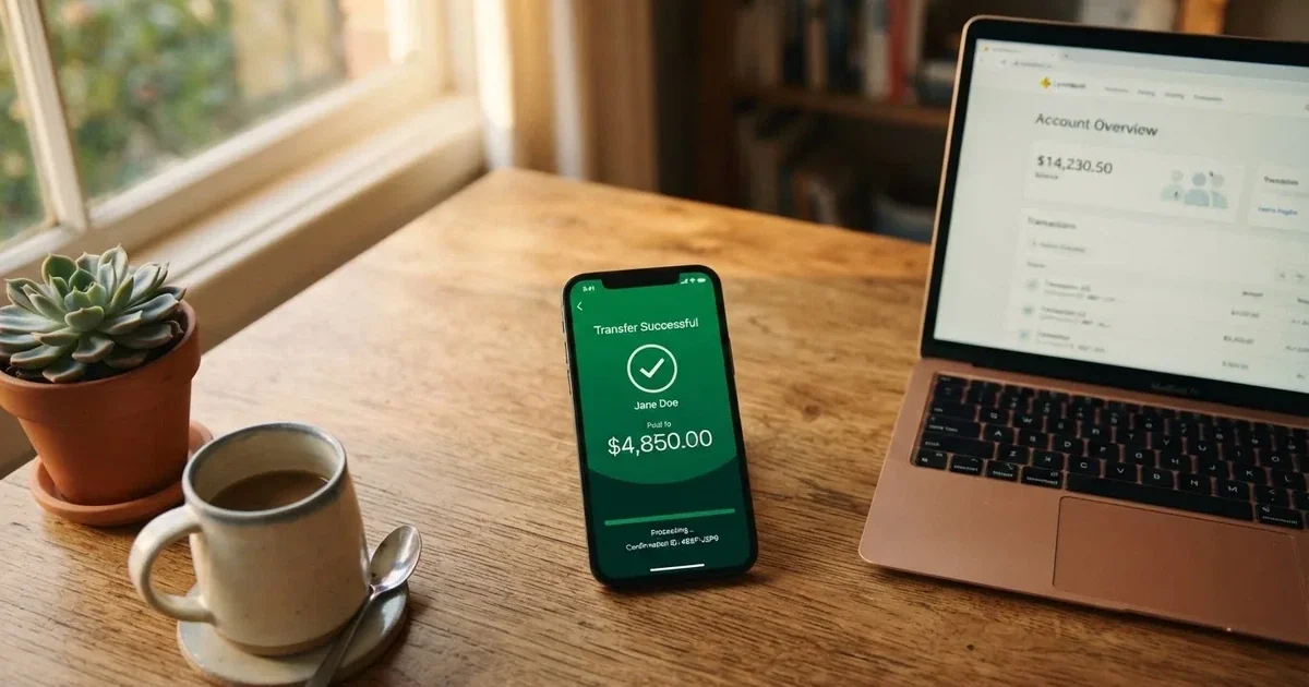 Close-up of a smartphone banking app open beside a laptop on a home desk, mid-transfer.