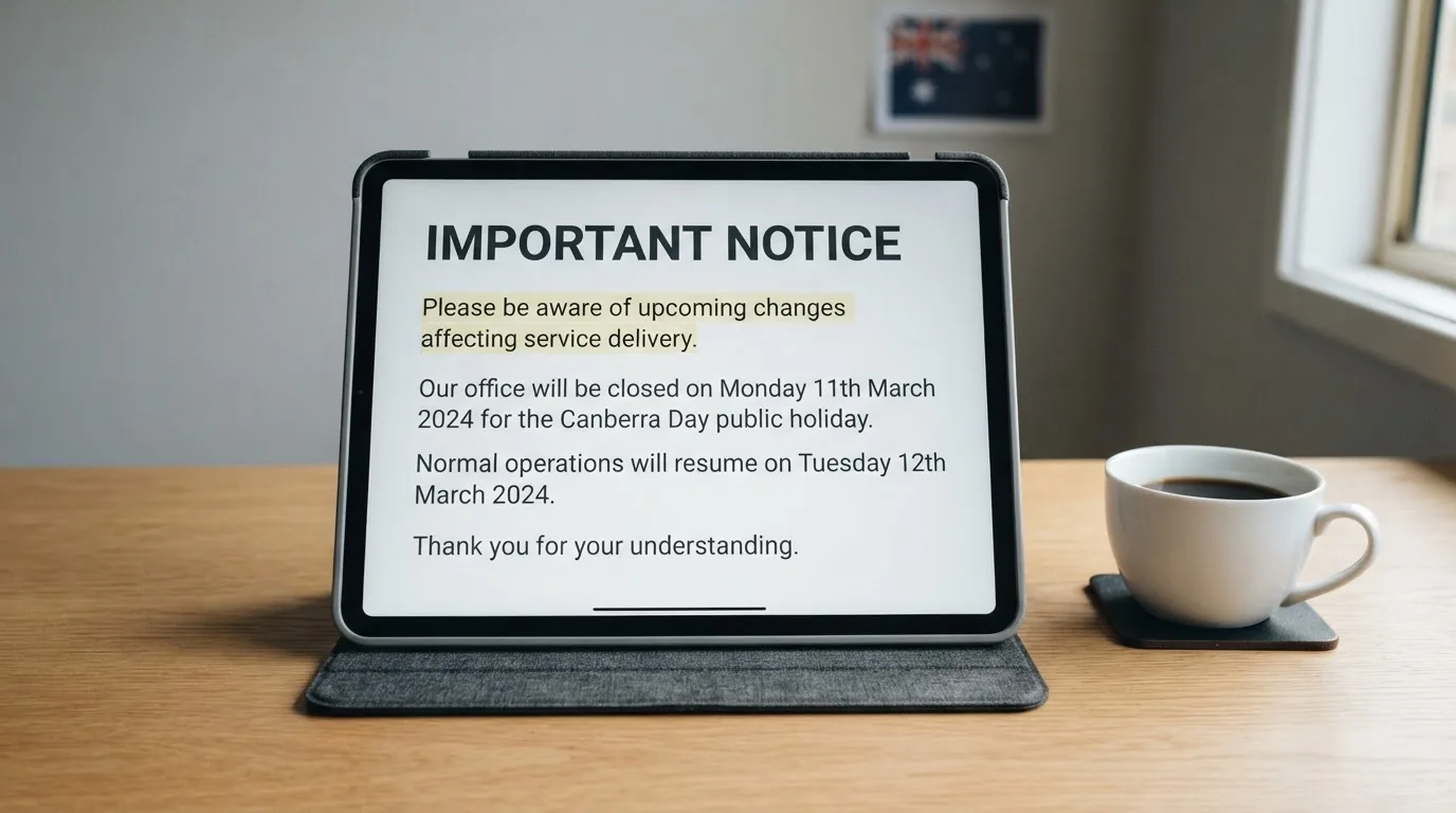 A tablet on a desk displays a plain government-style warning notice page, with a coffee cup beside it.