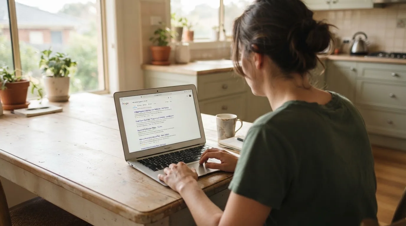 A person sits at a kitchen table, scrolling a laptop showing a general search results page about crypto casino comparisons.