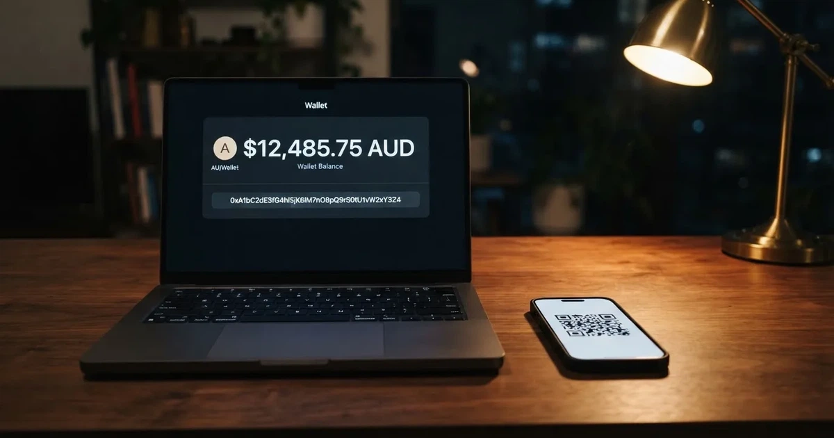 A laptop screen shows a cryptocurrency wallet balance next to a phone displaying a QR code, on a desk at night.