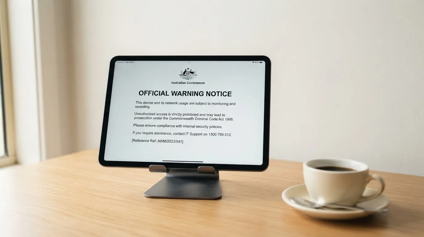 A tablet on a desk displays a plain government-style warning notice page, with a coffee cup beside it.