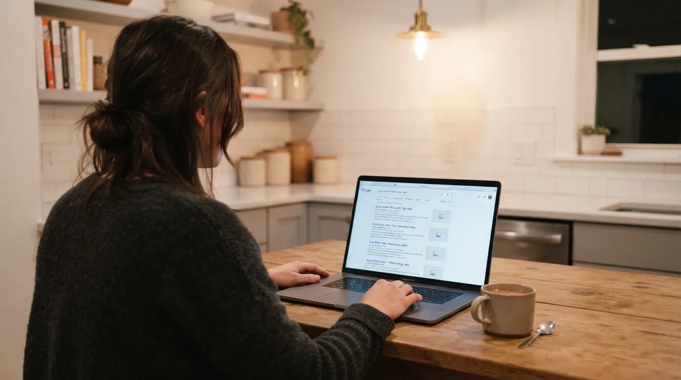 A person sits at a kitchen table, scrolling a laptop showing a general search results page about casino rankings.