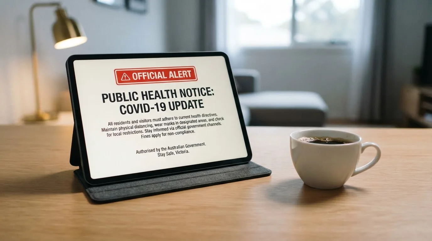 A tablet on a desk displays a plain government-style warning notice page, with a coffee cup beside it.