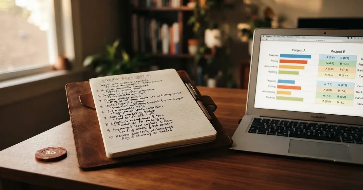 A notepad with a handwritten numbered list sits next to an open laptop showing a comparison table.