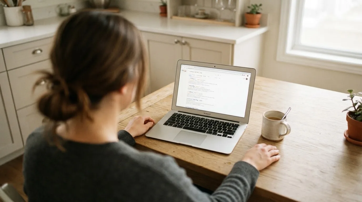 A person sits at a kitchen table, scrolling a laptop showing a general search results page about casino ratings.