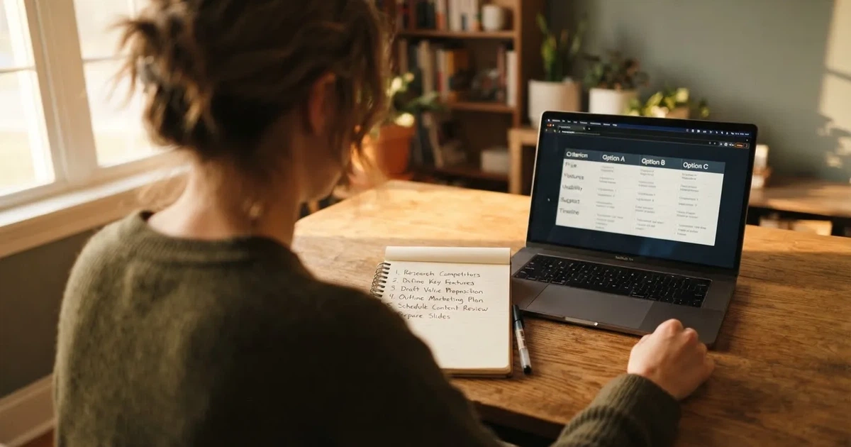 A notepad with a handwritten numbered list sits next to an open laptop showing a comparison table.