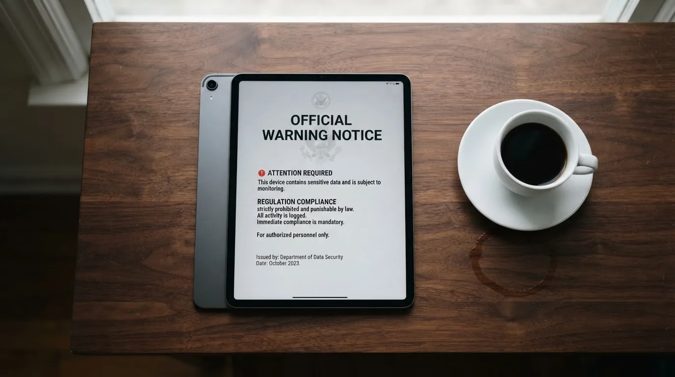 A tablet on a desk displays a plain government-style warning notice page, with a coffee cup beside it.