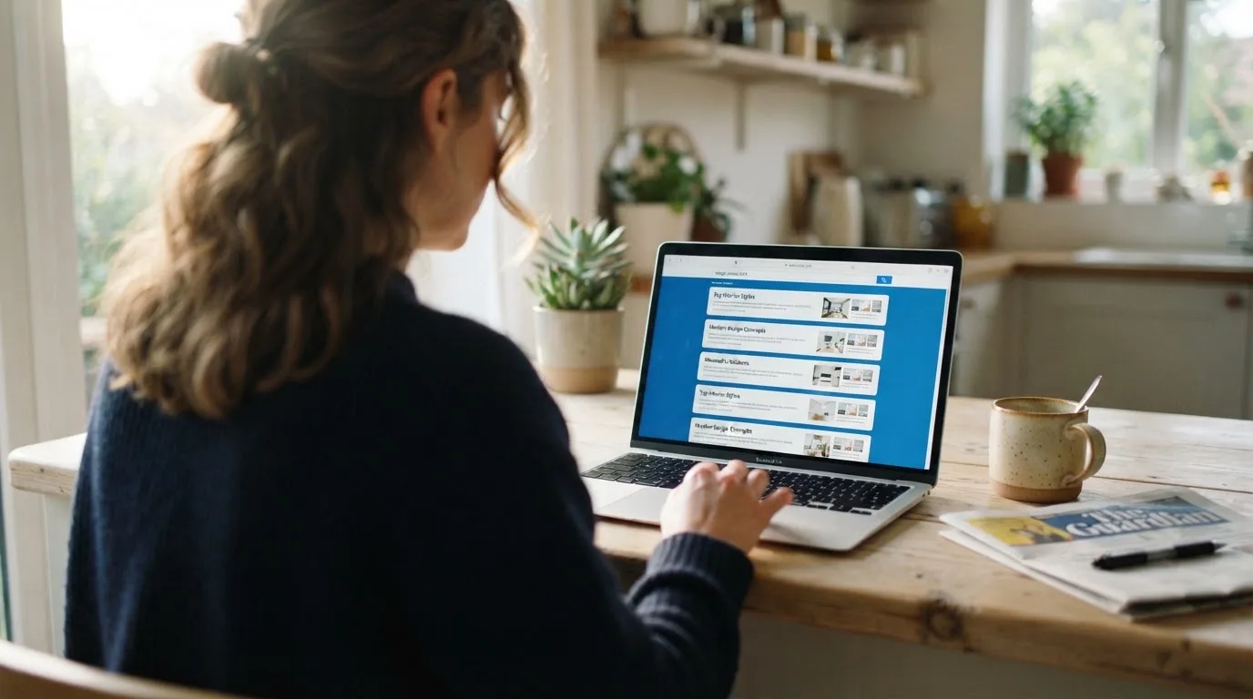 A person sits at a kitchen table, scrolling a laptop showing a general search results page about withdrawal timeframes.