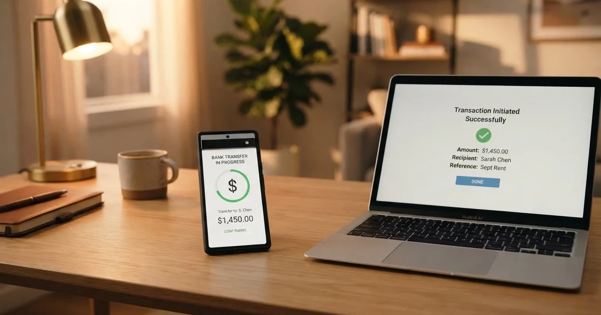 Close-up of a smartphone banking app open beside a laptop on a home desk, mid-transfer.