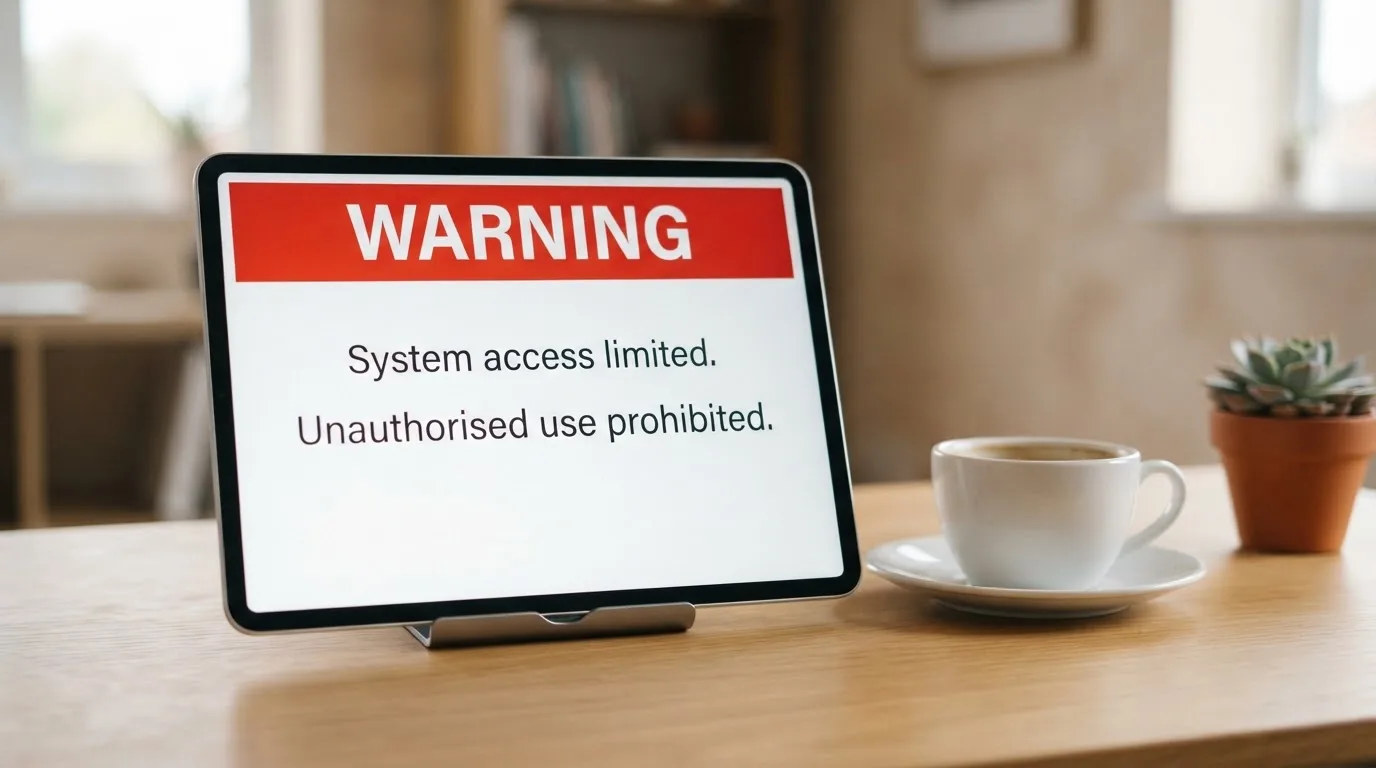 A tablet on a desk displays a plain government-style warning notice page, with a coffee cup beside it.