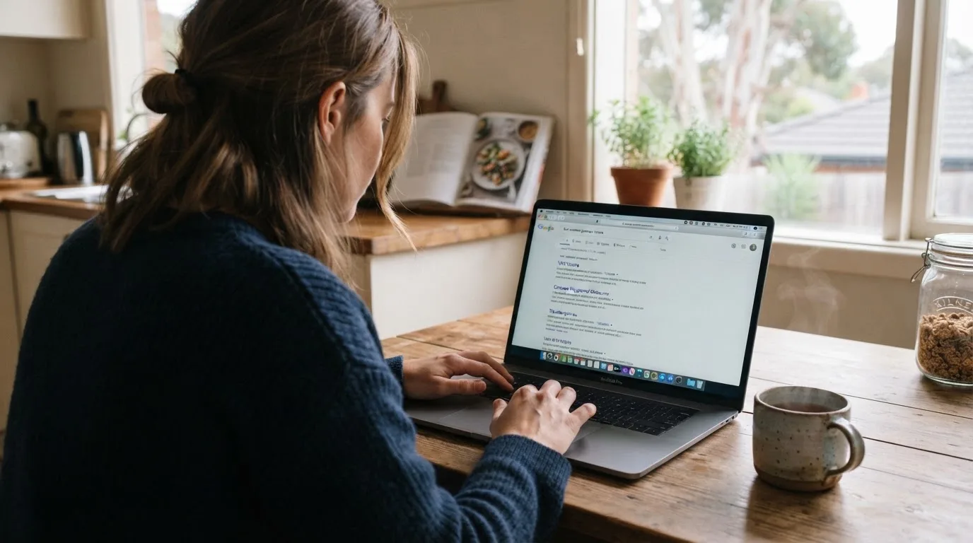 A person sits at a kitchen table, scrolling a laptop showing a general search results page about a review of a pokies site.
