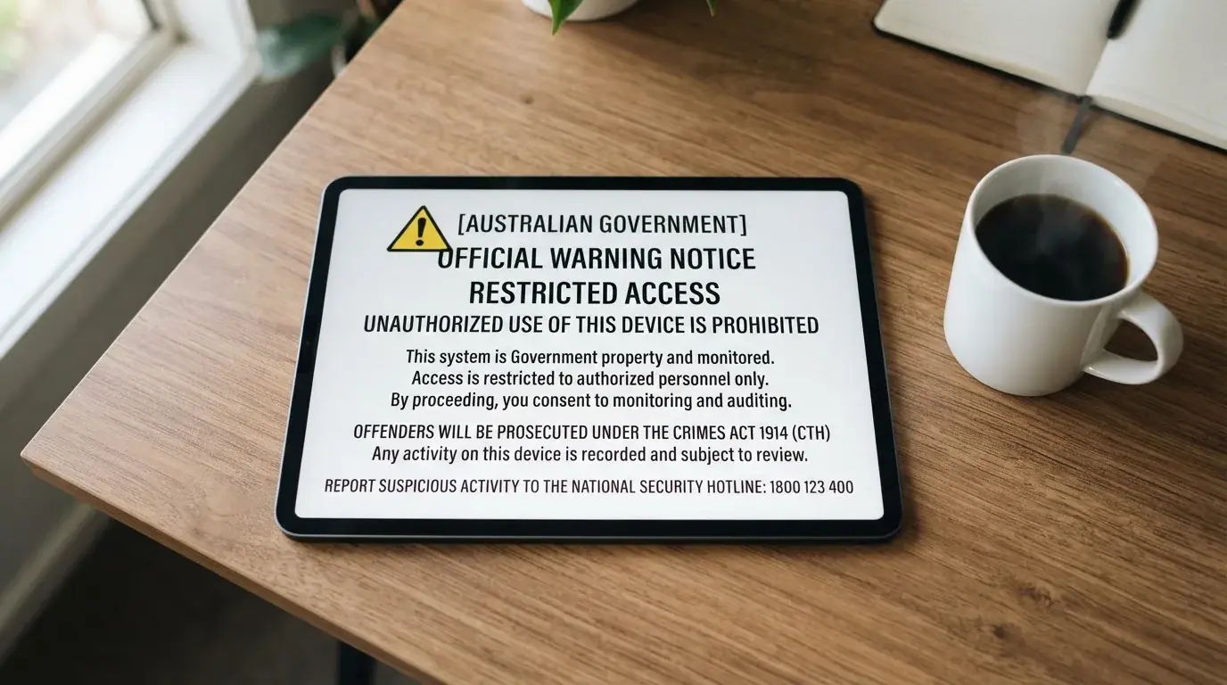 A tablet on a desk displays a plain government-style warning notice page, with a coffee cup beside it.