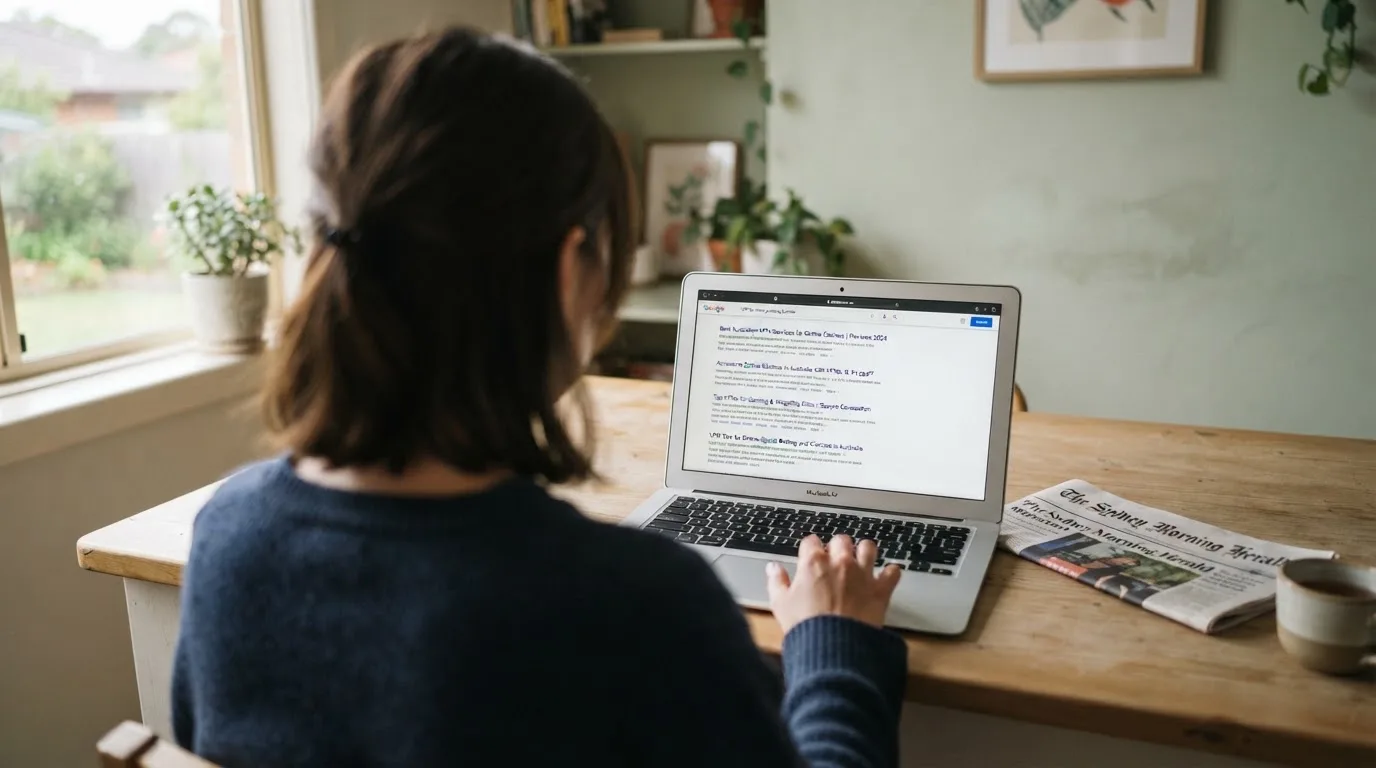 A person sits at a kitchen table, scrolling a laptop showing a general search results page about VPN access claims.