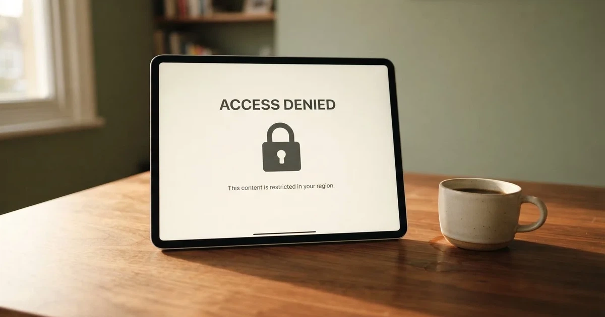 A tablet on a desk displays a plain government-style warning notice page, with a coffee cup beside it.