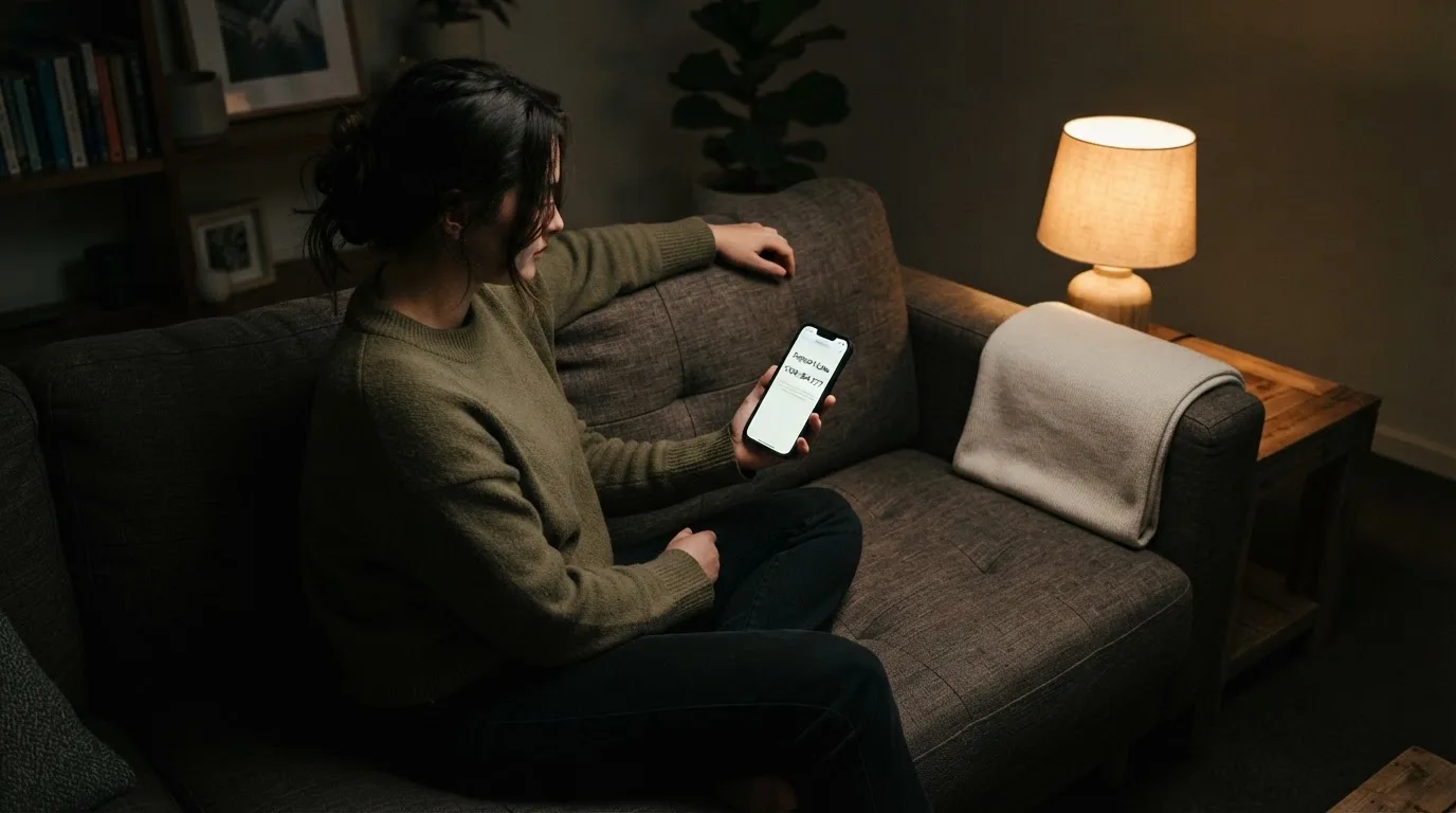 A person looks at a support-helpline page on a phone while sitting alone on a sofa.